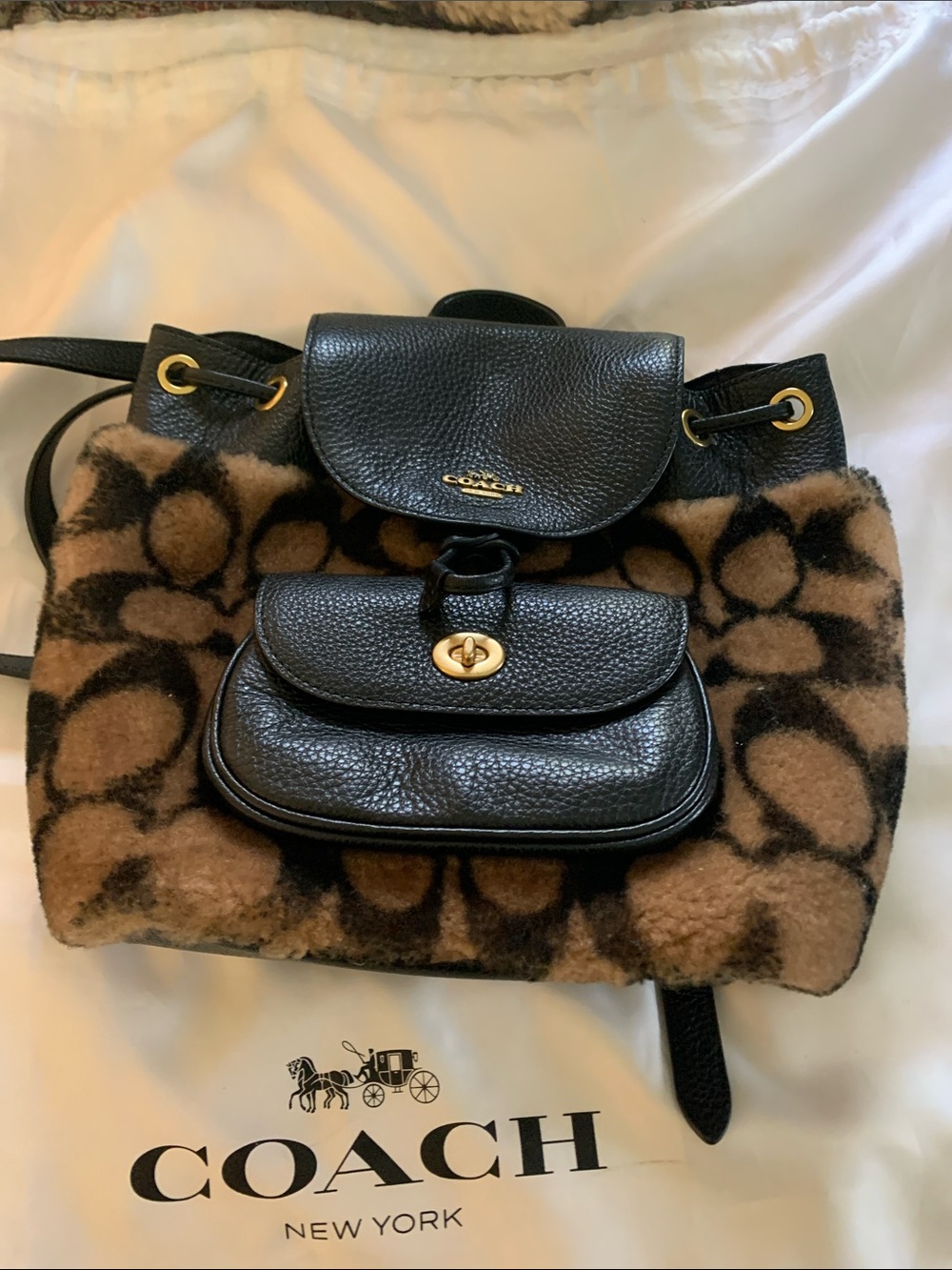 Coach Brown Shearling Signature Drawstring Shoulder Bag with Black Trim